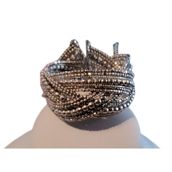 Trendy Wide Silver Multi Bead Triple Twist Memory Cuff Bracelet - Picture 2 of 3